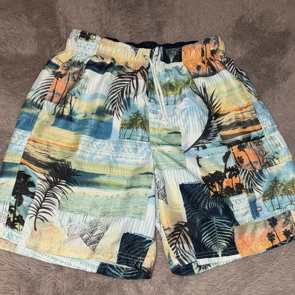 Croft & Barrow mens tropics swim trunks medium swimsuit shorts blue green orange - Picture 2 of 10